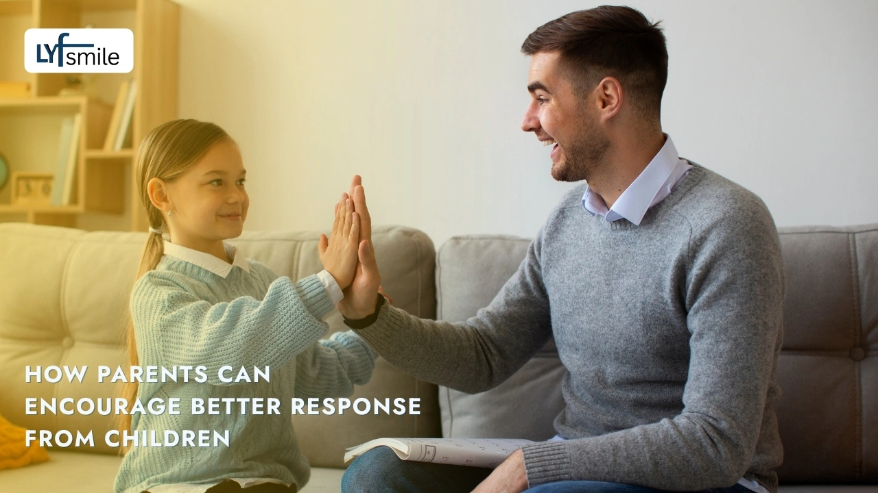 Parent gently guiding and talking to their child.