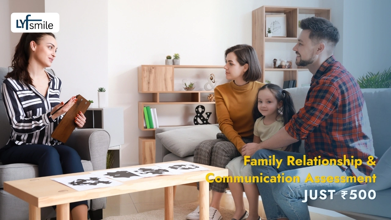 Family relationship and communication assessment session with therapist guiding parents and children
